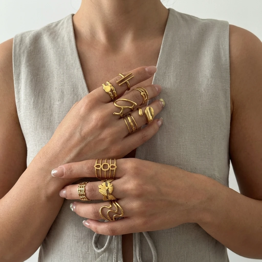 Gmai Vintage Hohle PVD-beschichtete Edelstahl-Offene Ringe Set für Frauen Zierliche Geometrische Manschettenringe Wasserfester Schmuck Geschenk – Detail 3