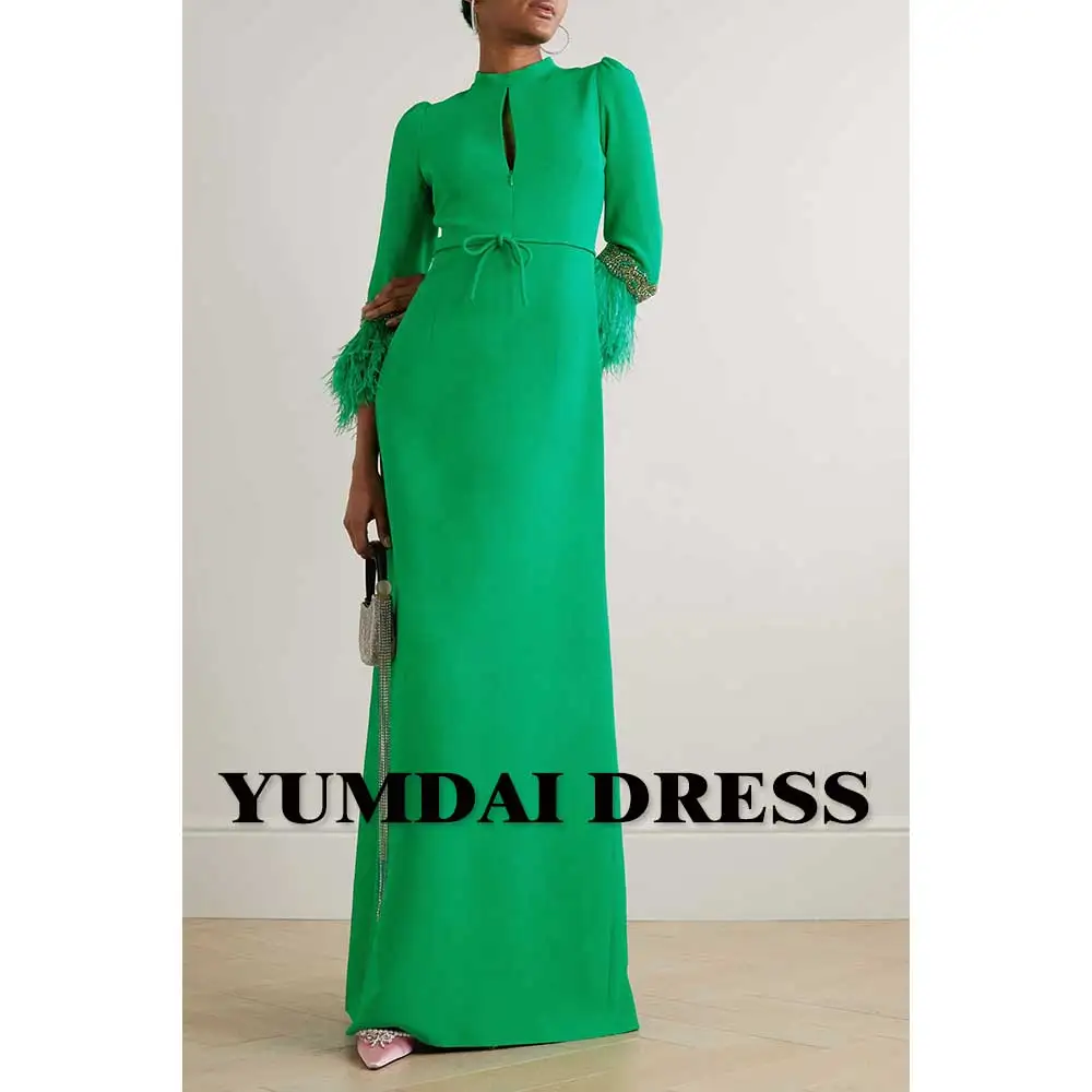 YUMDAI Luxury Dubai Green Beaded Long Sleeve Evening Dress Belt 2024 Elegant Floor Length Feather Dress for Women Wedding Party