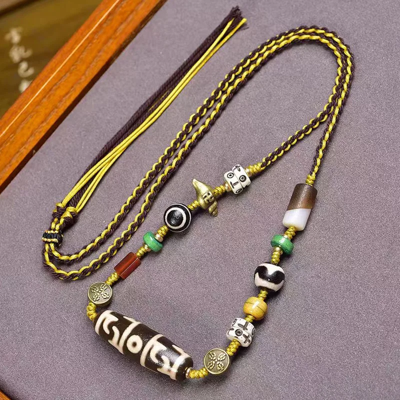 Natural Agate Lotus Master's Dharma Instrument Pendant Sweater Nine-Eyed Dzi Bead Clavicle Chain