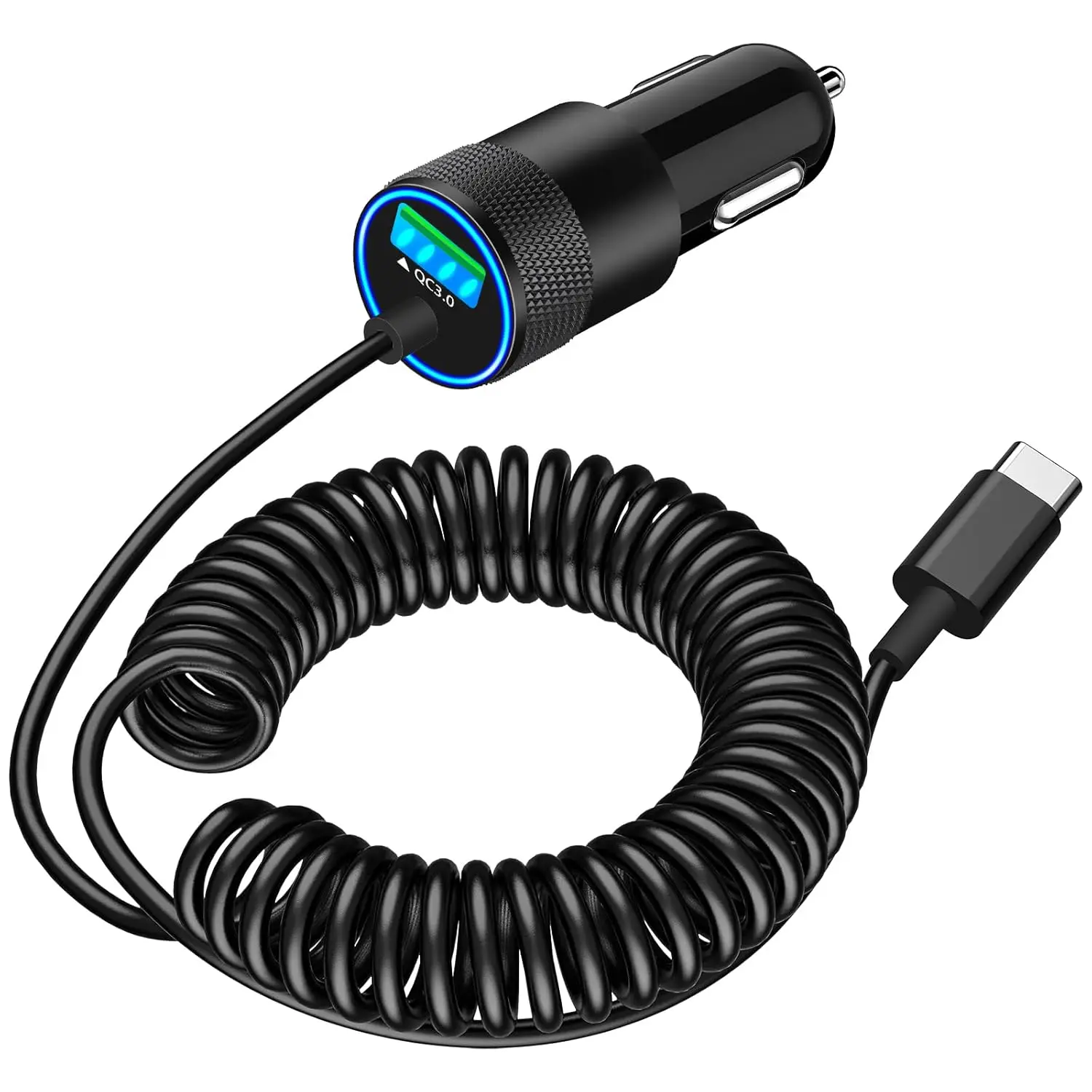 75W USB C Car Charger Fast Charging PD&QC 3.0 with 6FT Coiled Cable for iPhone 16 15 Samsung Galaxy S26 S25 Pixel