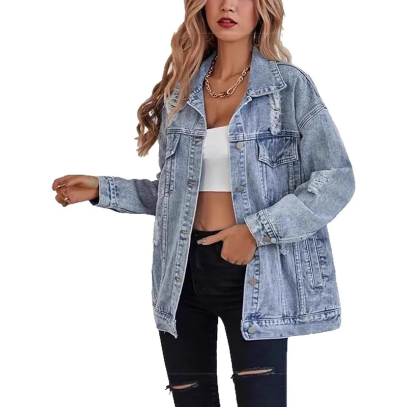 New Women's Wear Ripped Denim Jacket Fashionable Denim Gown Loose Distressed Jacket Makes You Look Younger When Worn   Versatile
