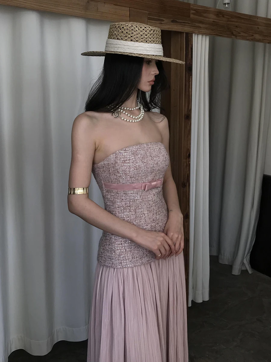 REDDACHiC Stitch Tweed Party Dress Women Bow Contrast Bandeau Maxi Long Dress Princess Wedding Guest Birthday Formal Clothes