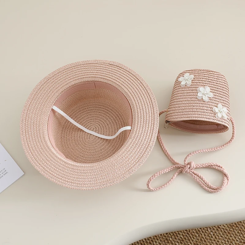 New Children's Beach Princess Hat - Sweet Floral Flat Top Straw Hat and Bag Set - Sun Protection Hat - Cool Hat