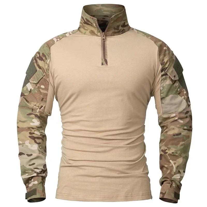 Outdoor Long Sleeve Tactical Shirts Combat Shirt 1/4 Zipper Ripstop Cotton Wear-resisting Camo Airsoft T Shirts Men Clothing