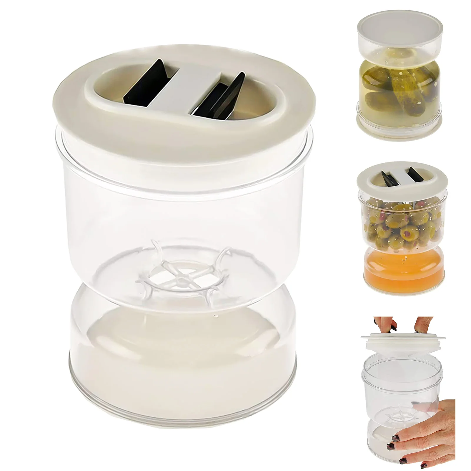 Pickle Olive Hourglass Jar Pickle Juice Wet and Dry Separator Food Container with Strainer Flip Airtight Lid