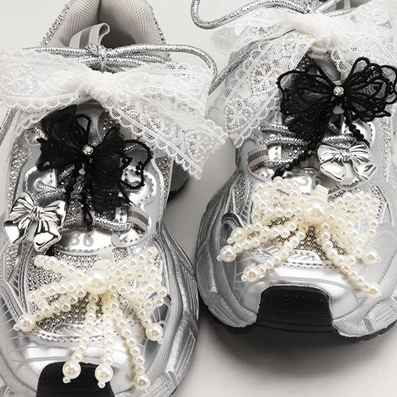1Pair Buckle Pearl Rhinestone Shoelace Fashion Shoes Charms Bowtie Flower Lace Shoelaces Decoration Shoe Accessoriess for Woman