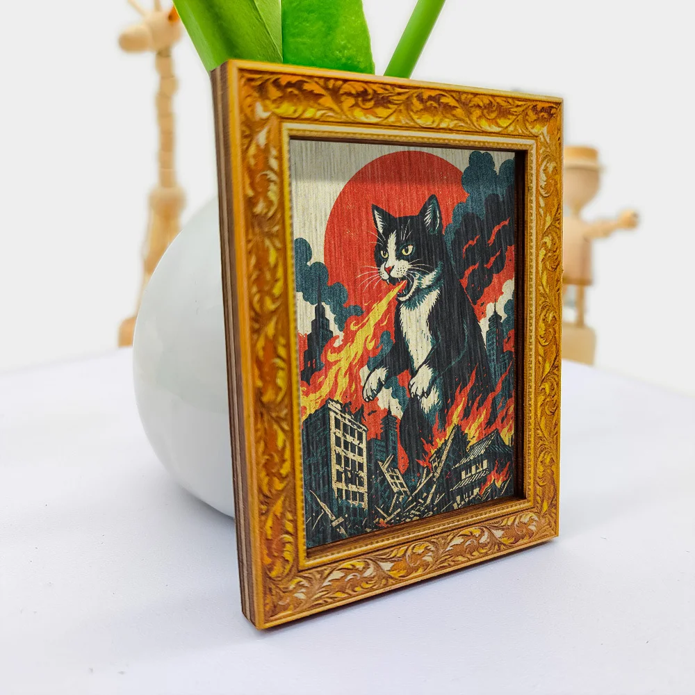 Feuer spuckender Kaiju-Katzen-Kühlschrankmagnet, gerahmte Vintage-Magnetkunst für Küchenkühlschrank & Heimdekoration, lustiges Geschenk – Detail 9