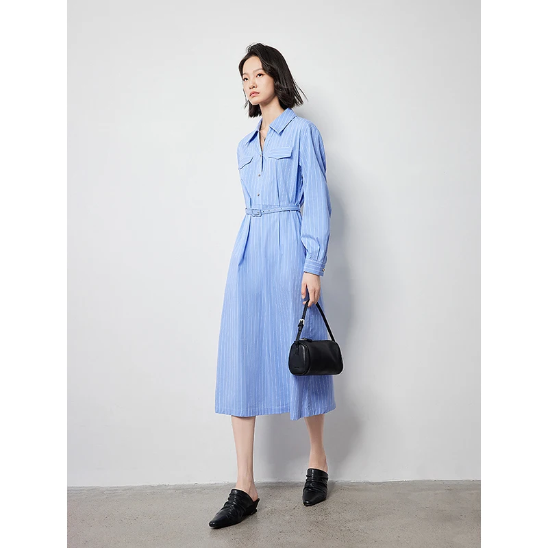 TOYOUTH Women Dress 2024 Autumn New Blue and White Striped Slim Waist Mid Length Elegant Office Lady Shirt Dress With Waistband