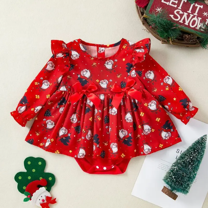 Newborn Infant Baby Girl Rompers Dress Christmas Tree Gingerbread Man Print Skirt Hem Ruffles Long Sleeve Jumpsuits And Headband