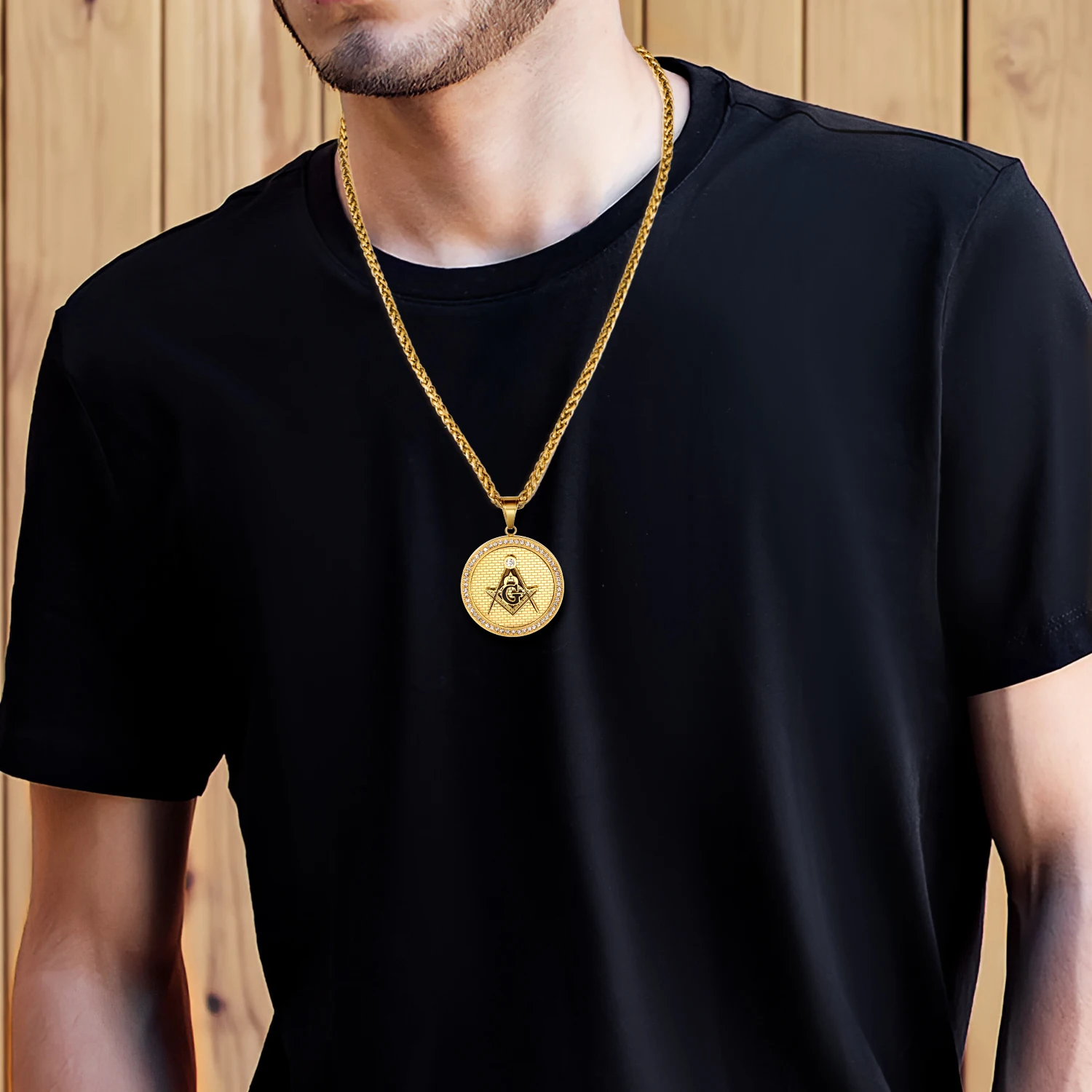 HAWSON Masonic Crystal Pendant Necklace For Men Stainless Steel Compass Square Letter G Symbol Party Jewelry Gift