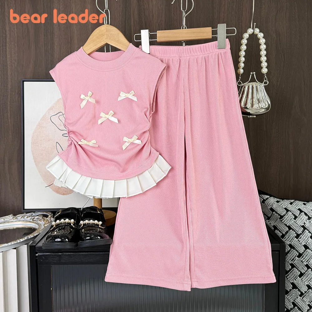 Bear Leader Sweet Girl Outfits Sleeveless Bow Decoration Top + Pants Child Sets Summer New Pink Kids Clothes Girls Casual Wear