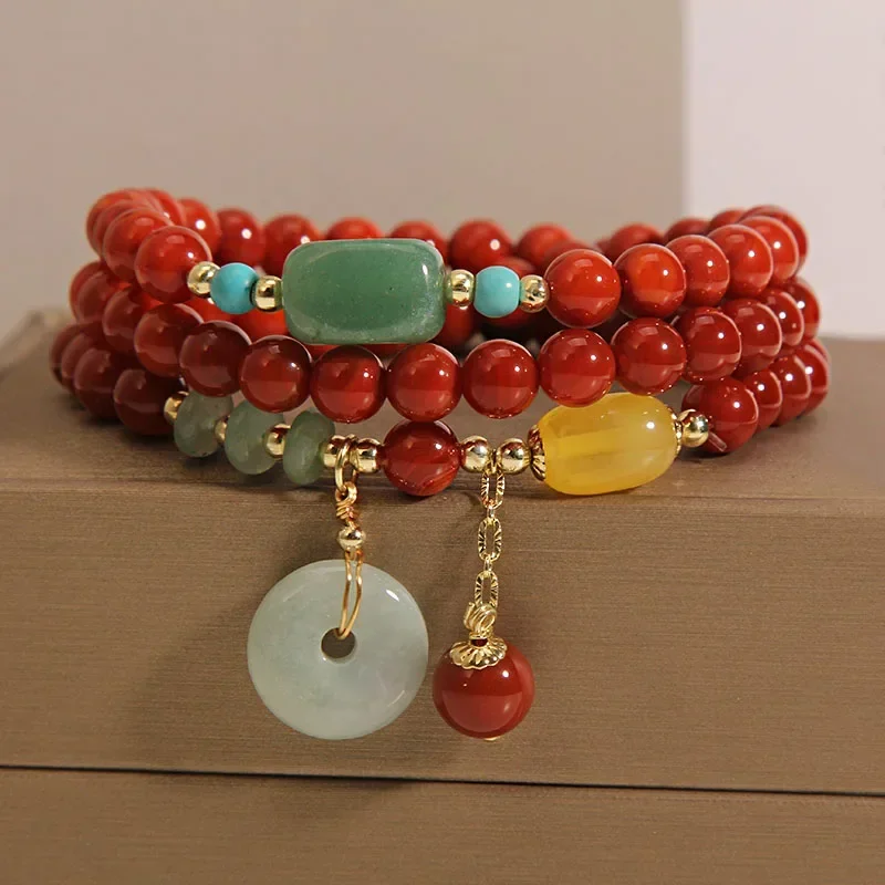 

Natural South Red Agate Multi-layer Bracelet Women's Retro Chinese Ethnic Style Jade Pendant HandString Amulet High-end Gifts