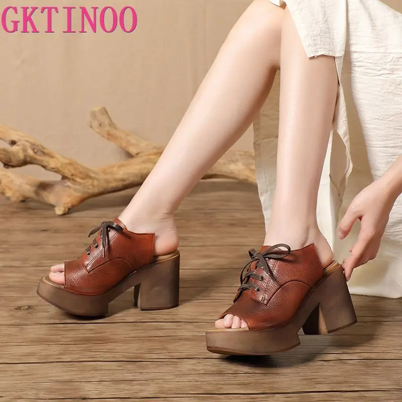 GKTINOO Women Leather Mules High Heels Slippers Women Handmade Platform Genuine Leather Slippers Peep Toe Shoes 2024