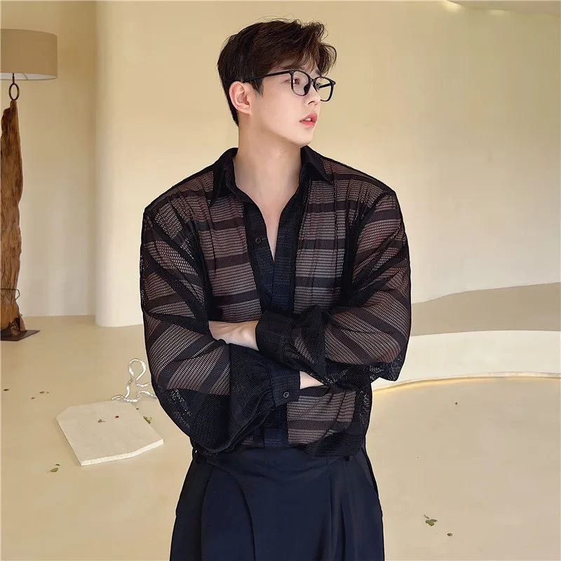 

New 2022 Sexy Men Hollow Out Shirts Spring & Summer See Through Loose Clothing Long Sleeve Youth Man Transparent Dresses