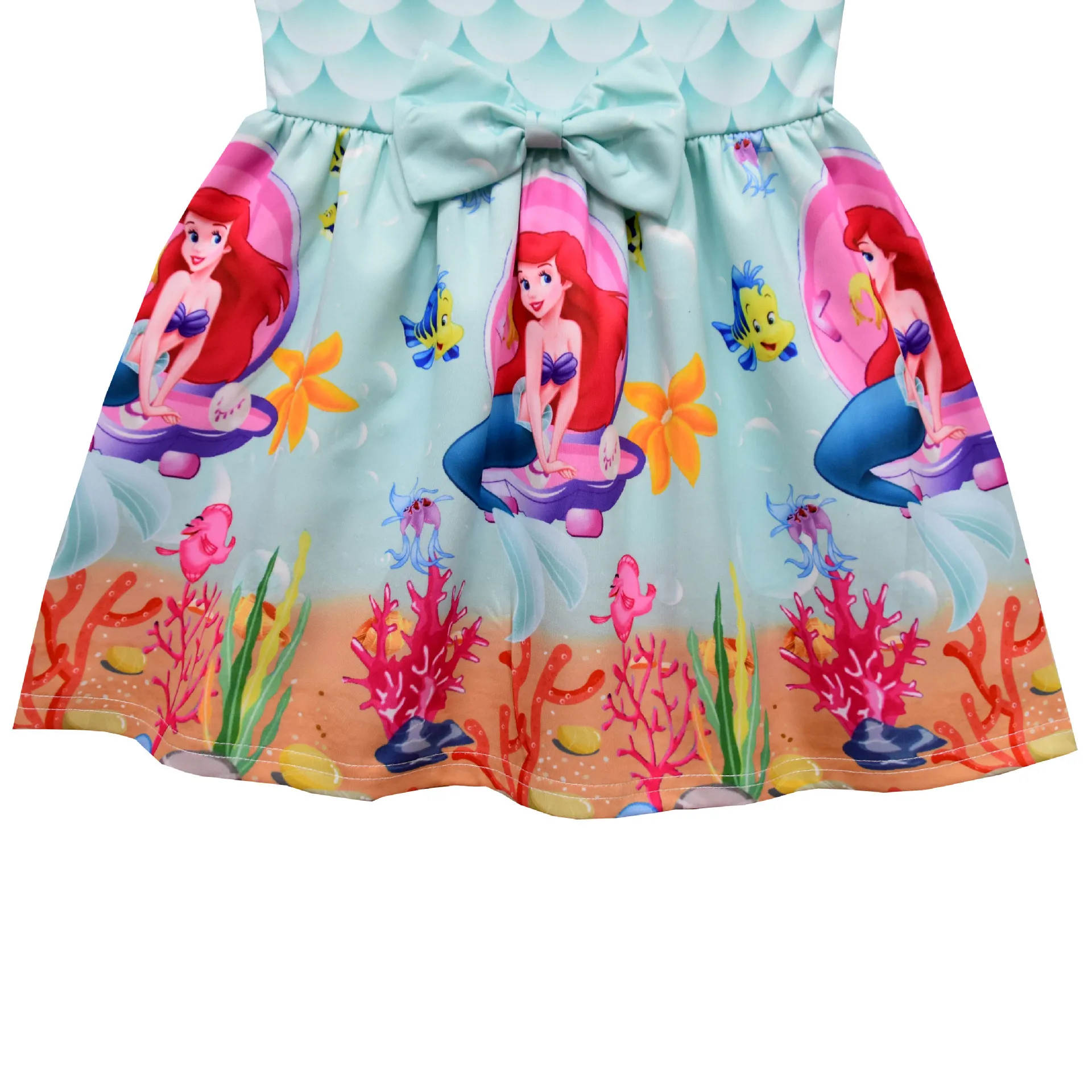 Disney Cartoon Children\'s Dress for Girls Mermaid Princess Fish Scale Printed Girl Princess Summer Dress Birthday Party Outfits