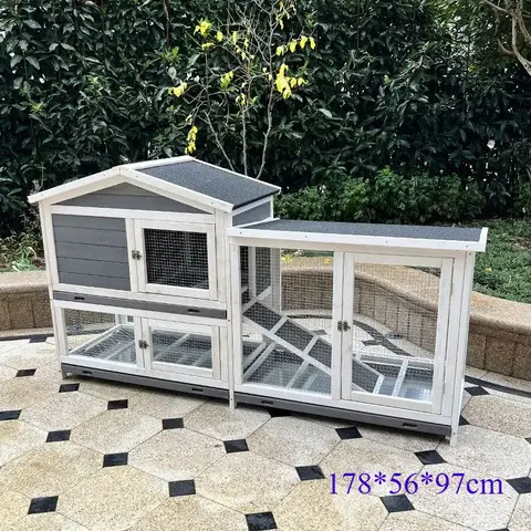 Indoor Outdoor Wooden Rabbit Hutch, 2-Tier Mobile Bunny Cage on Wheel with Waterproof Roof ,Pull Out Tray for Guinea Pig Chicken