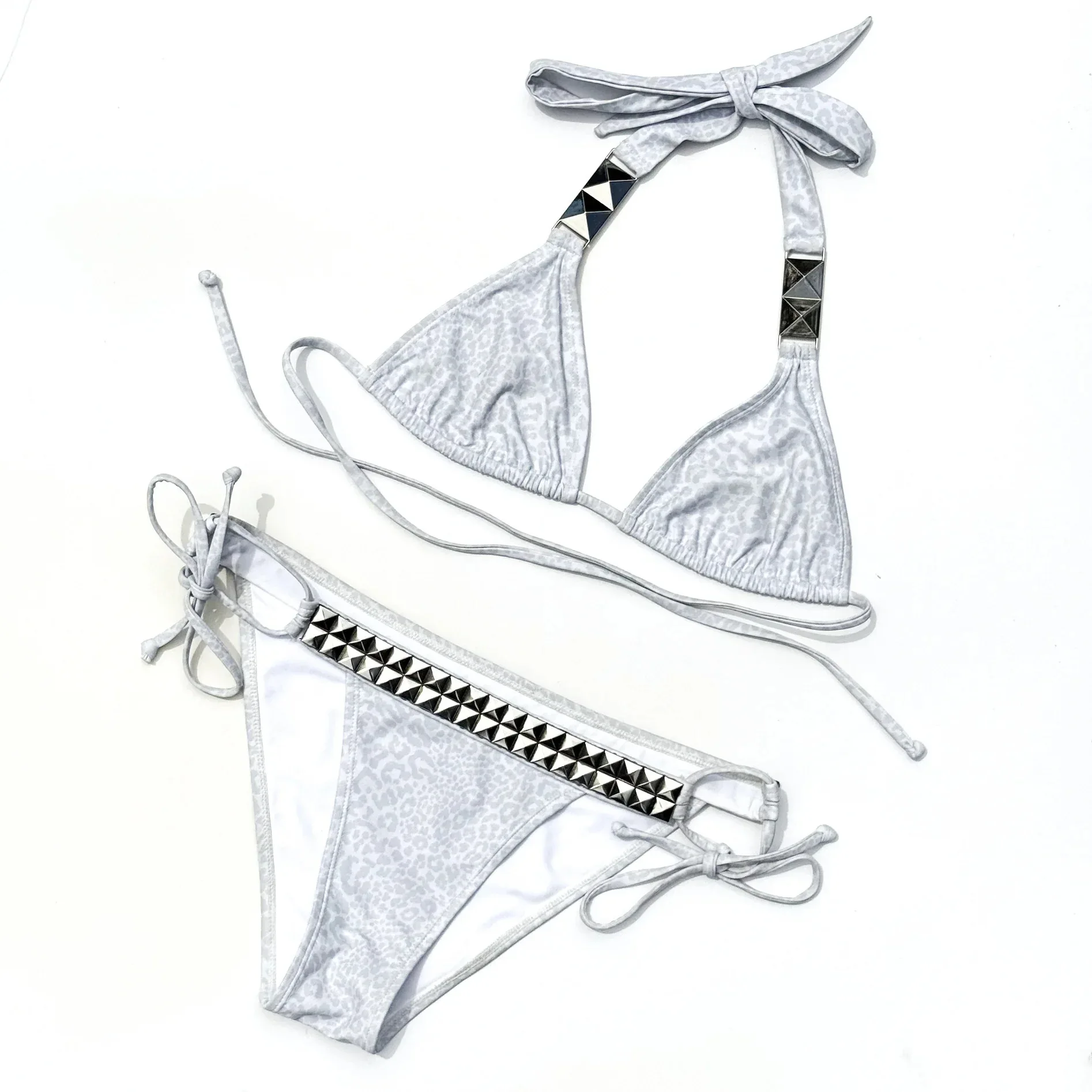 2025 European and American Fashion Printing Halter Spaghetti Straps Sexy Bikini Split Lace-up Hot Spring Sexy Style White classi