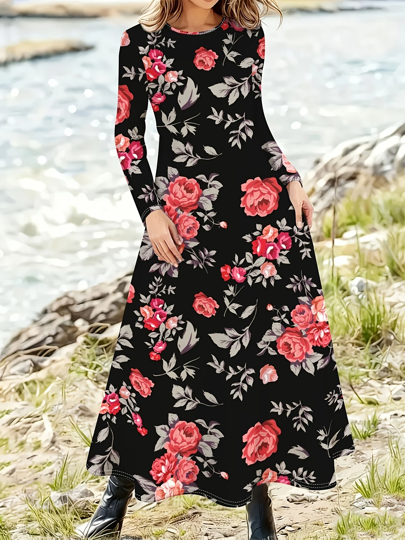 Lässiges Blumenmuster-Langarmkleid für Damen Frühling Sommer Herbst Mode A-Linie Bodycon Midikleid Trendiges Alltagsoutfit