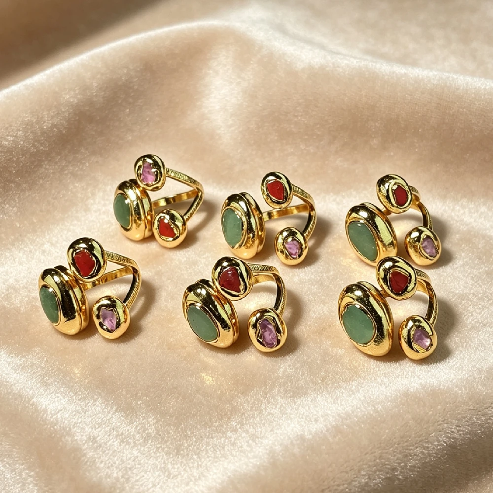 1PC Triple Natural Mineral Inlaid Open Adjustable Ring Multi‑Bezel Statement Finger Ornament Golden Plated R2G1029