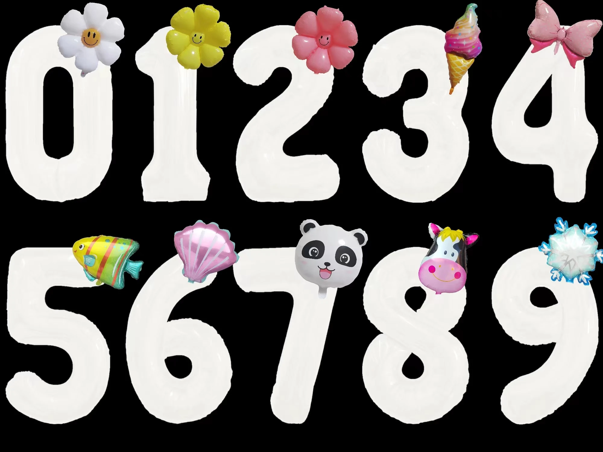 2 Pcs 32 Inch White Pink Number Bow Panda Spaceman Daisy Fish Foil Balloon Set for Boys Girls Birthday Wedding Shower Decoration