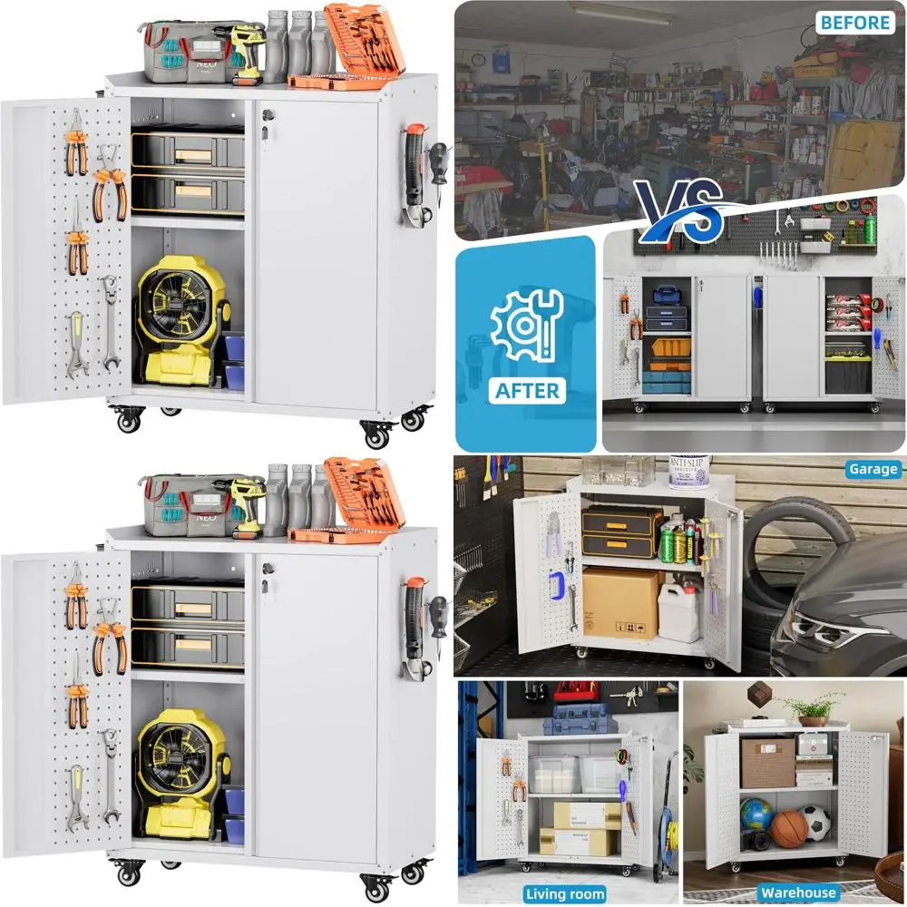 

White 13.8 Deep x 26 Wide x 34.3 High Metal Storage Cabinet with Pegboard, Hooks, Wheels, and 2 Lockable Doors for Garage/Home/O