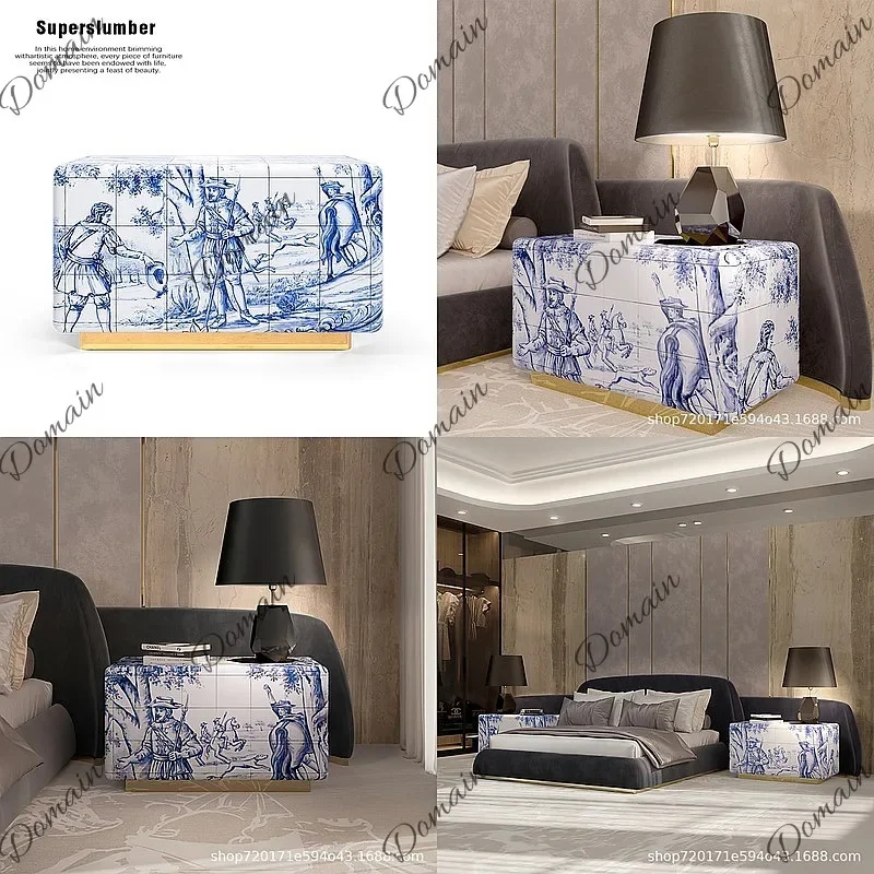 80 N Italian Luxury Blue Porcelain Nightstand Creative Art Storage Cabinet Designer Villa Home Bedside Table
