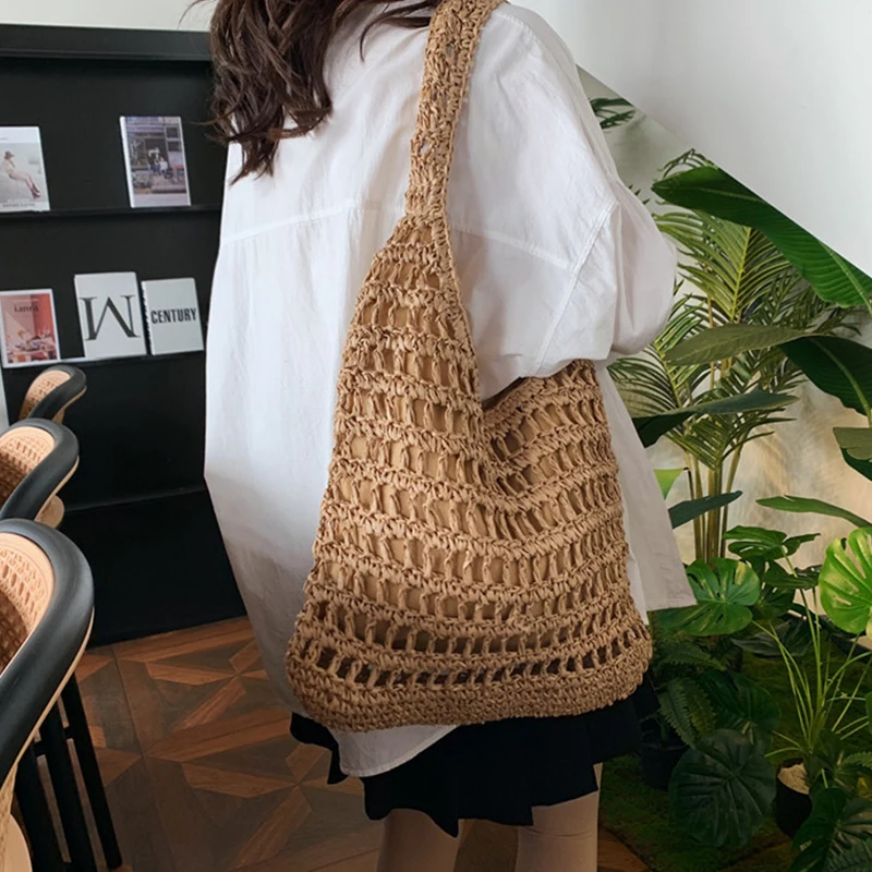 Summer Women Beach Tote Handbags Rattan Crochet Shoulder Bag Casual Commute Bag Vintage Straw Woven Bag