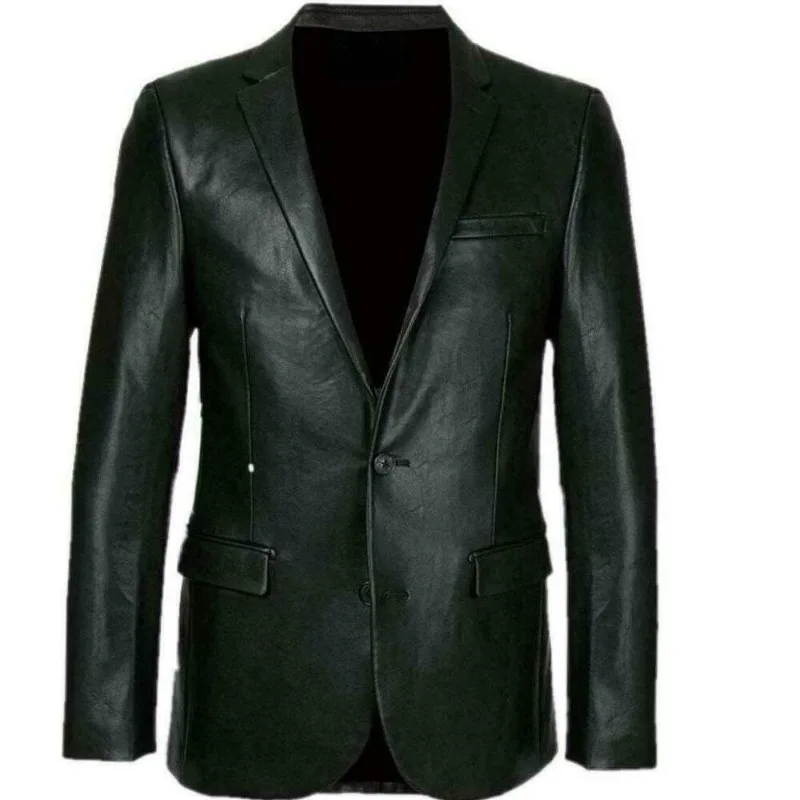 

Men's Black Leather Suit Jacket Soft Sheepskin Double Button Genuine Leather Jacket