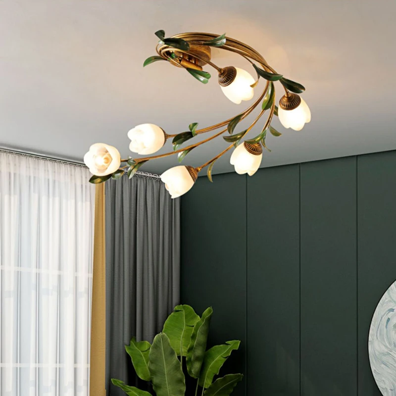 Franse Groene Retro Pastorale Stijl Indoor Glazen Lantaarn Nordic Appartement Kamer Decoratie Led Plafondlamp Viridiplantae Lamp