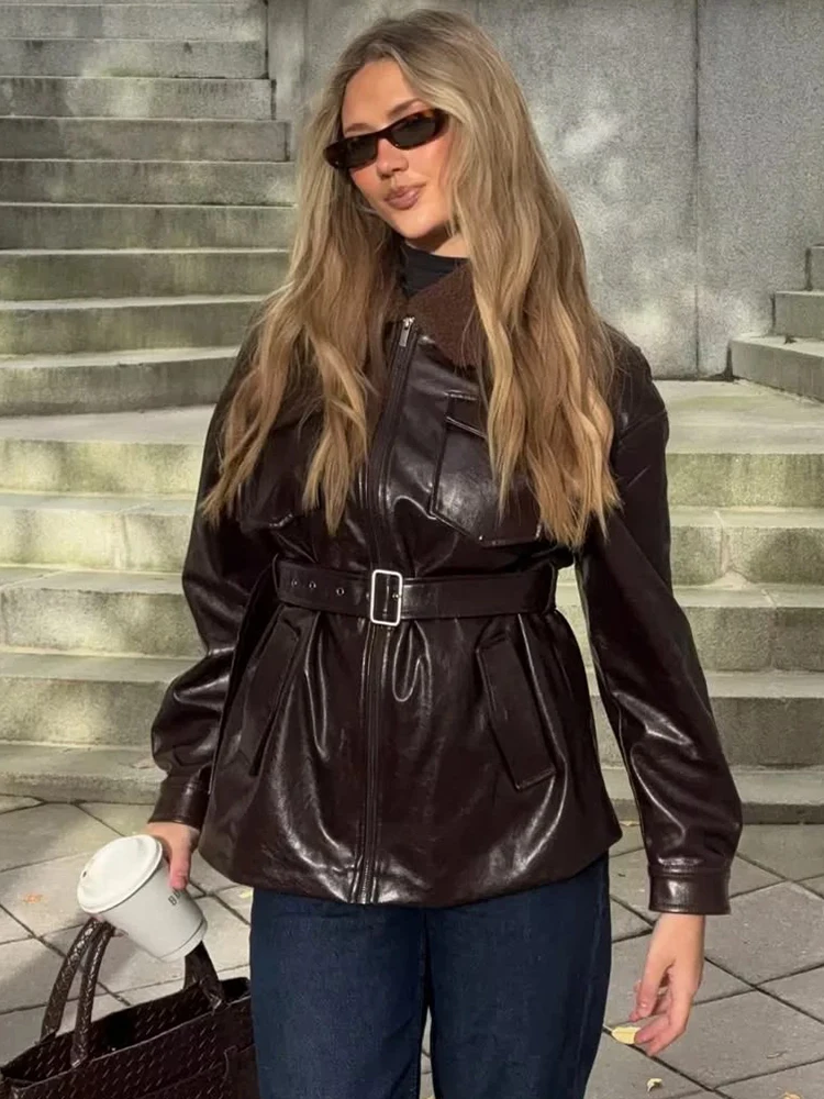 

Women New Artificial Leather Leather Zipper Jacket Fur collar Coat Women's Leisure Female Coats