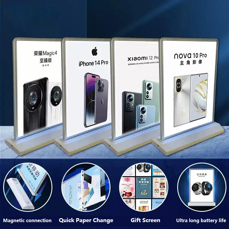 Table Stand Ultra-Thin Rechargeable Double-Sided LED Advertising Highlight Light Box Tempered Glass Bar Desktop Poster Display