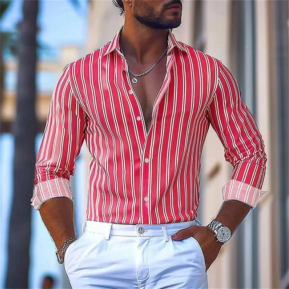 Men's Colorful Stripe Vertical Pattern 3D Printed Shirt Hawaii Beach Vacation Yacht Party Business Simple Casual Top Five