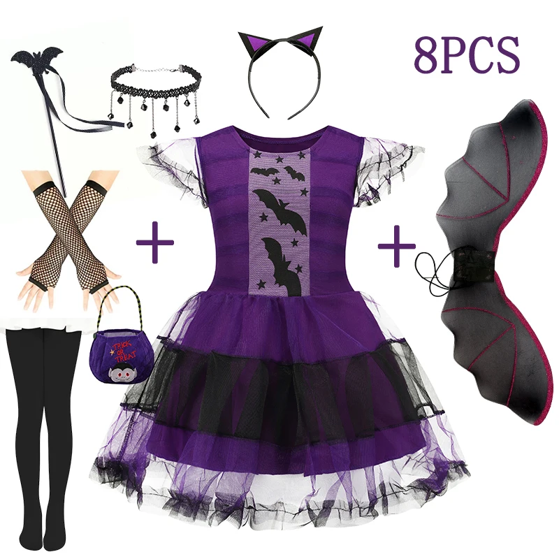 

Girls Purple Bat Dress Kids Fancy Cosplay Vampire Demon Costume with Wing Headwear Halloween Carnivat Witch Role Play Clothes