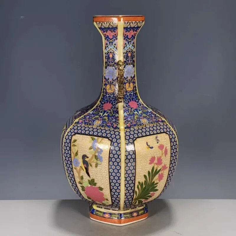 Jingdezhen-Porcelain Flower and Bird Two-Ear Vase, Antique Chinese Ornaments, Handcrafted, Home, Yongzheng, Enamel Color