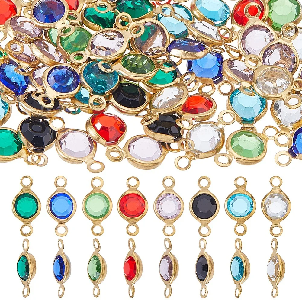 

48Pcs 8 Colors 304 Stainless Steel with Glass Connector Charms Flat Round Links Golden Mixed Color 12.5x7x2mm Hole: 1.5mm