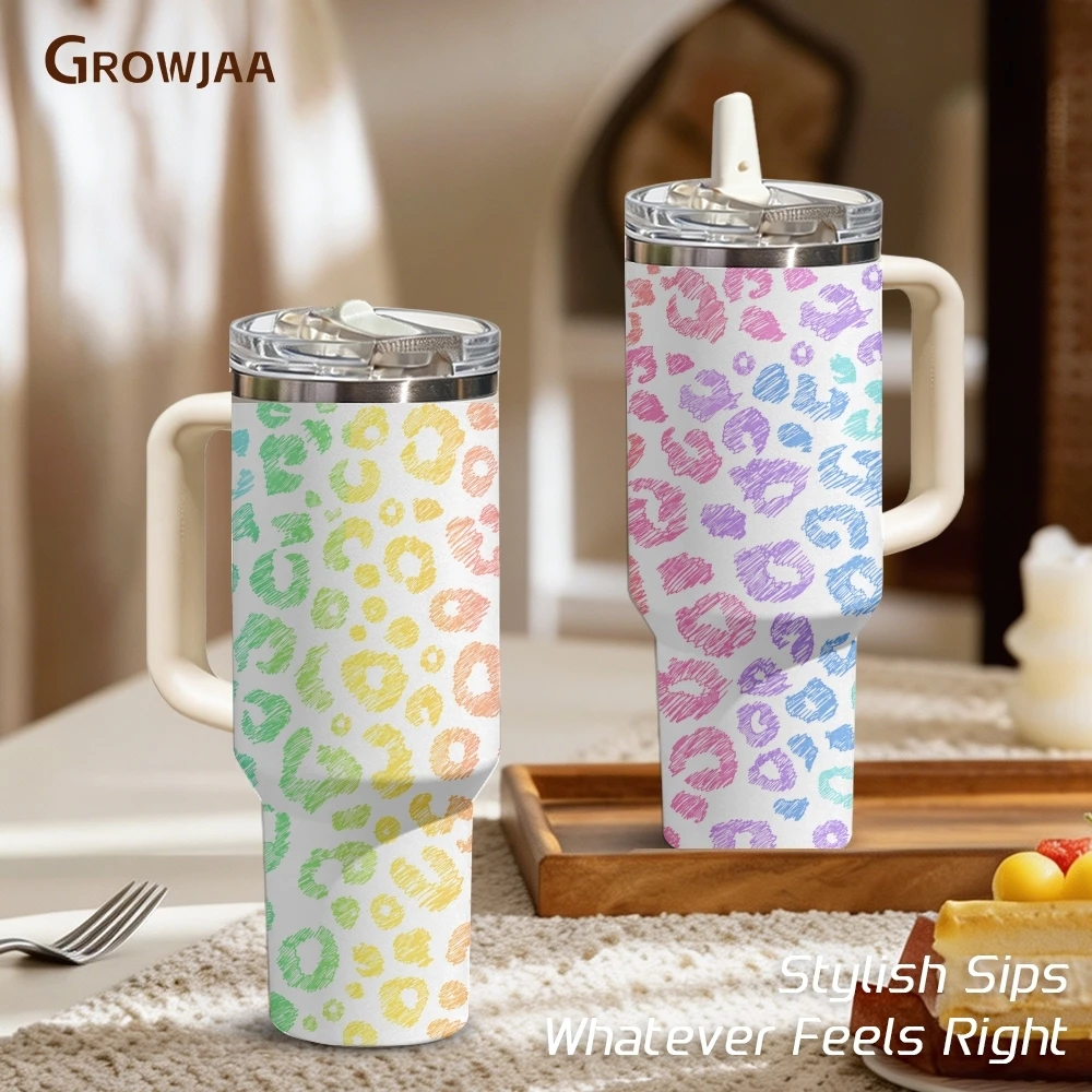 Rainbow Sketch Leopard Vacuum Flasks 40oz 3rd Gen Vacuum Insulated Stainless Steel Tumbler Cup With Handle Straw Lid For Gifts