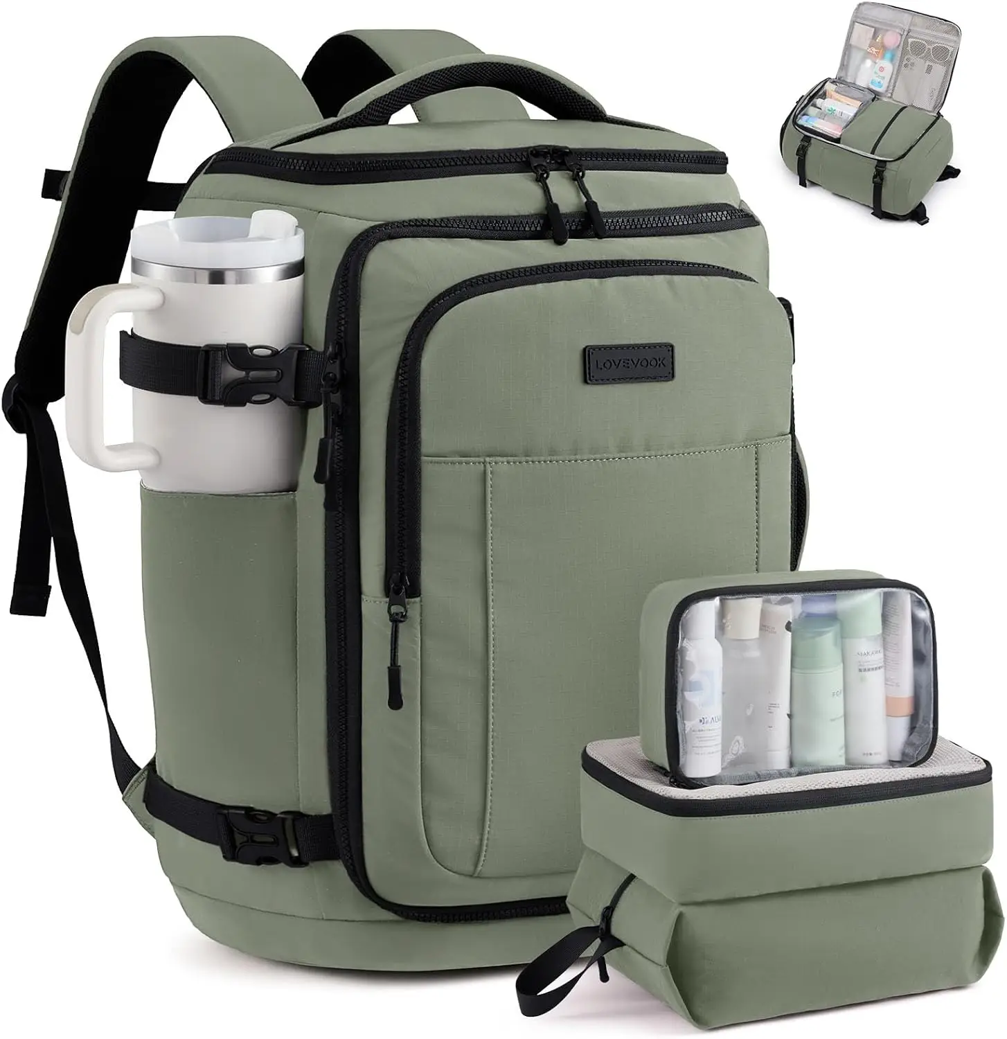 

50L Waterproof Hiking Backpack with 3 Packing Cubes for Travel, Camping & 5+ Day Trips in Slate Green-Black