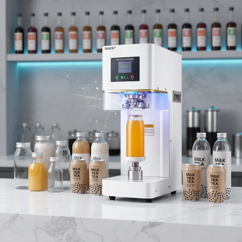 

Automatic beverage can sealer for PET juice bottles and soda cans with interchangeable base and automatic lifting function