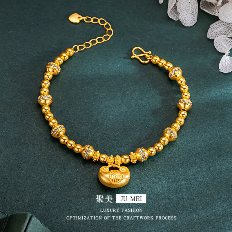 Viora Jewelry New Chinese style 24K real gold Ruyi gold lock bracelet Fuzi Jintuo 9999 diamond inlaid bracelet versatile and hig