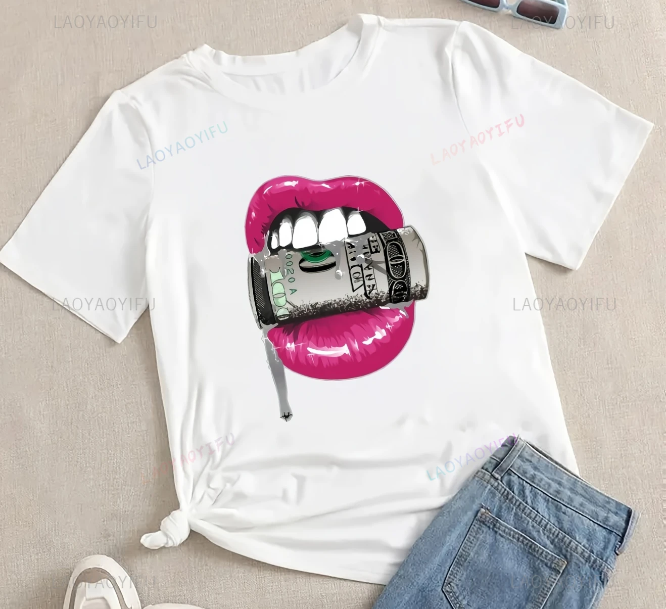 Money Lips Print T-Shirt Short Sleeve O-neck Casual Top for Spring Summer Streetwear Harajuku Aesthetic Loose Lady Clothing