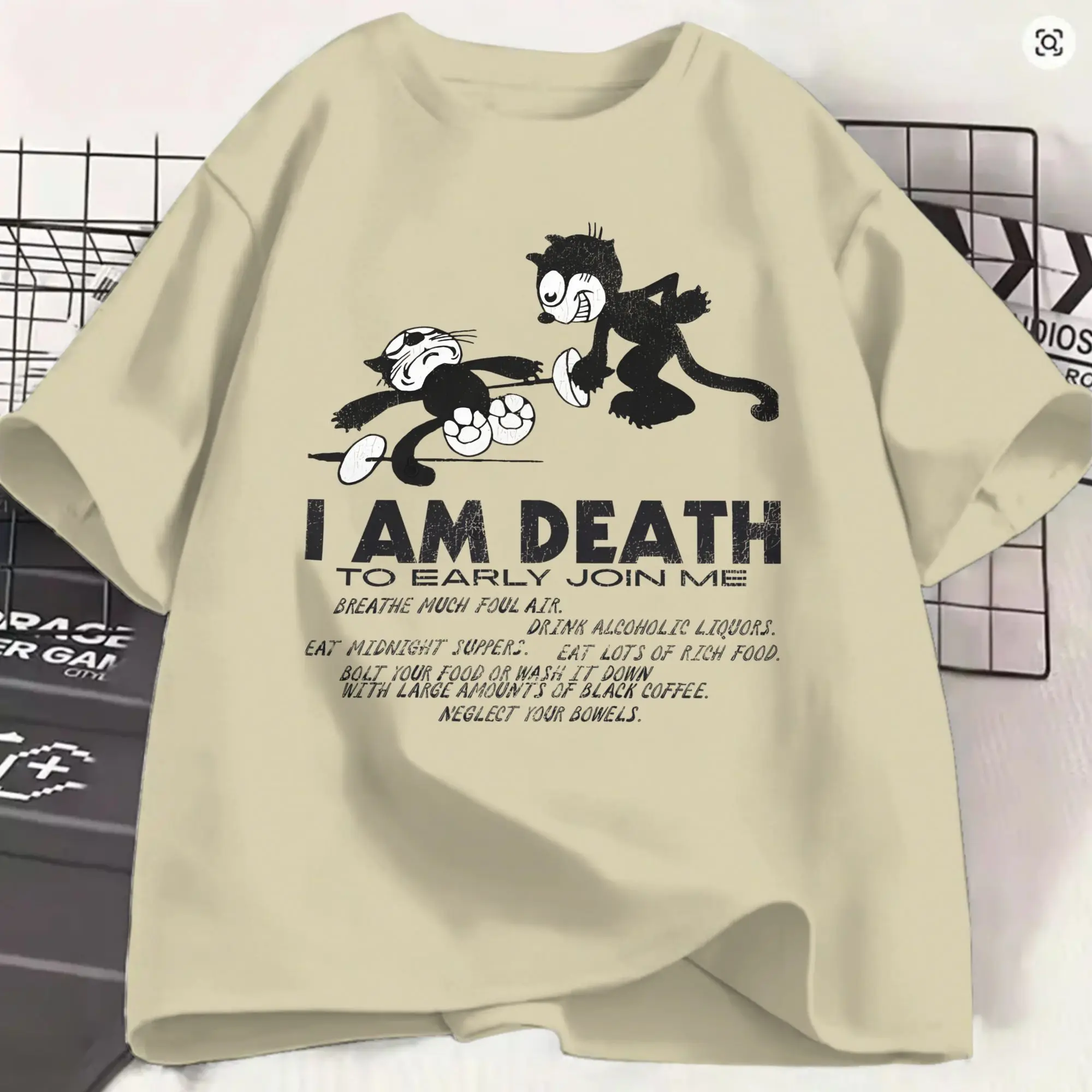 F-Felixs Black Cat 100 Cotton T Shirt For Mens Beach I Am Death Vintage T Shirts O Neck Harajuku Tees Big Size Hot Sale Tops