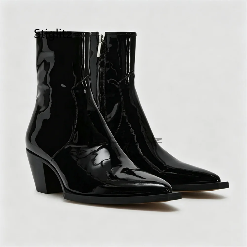 Men Black Patent Leather Chelsea Boots Pointed Toe Side Zipper High Heels Short Booties Autumn Winter Cowhide Party Dress Shoes