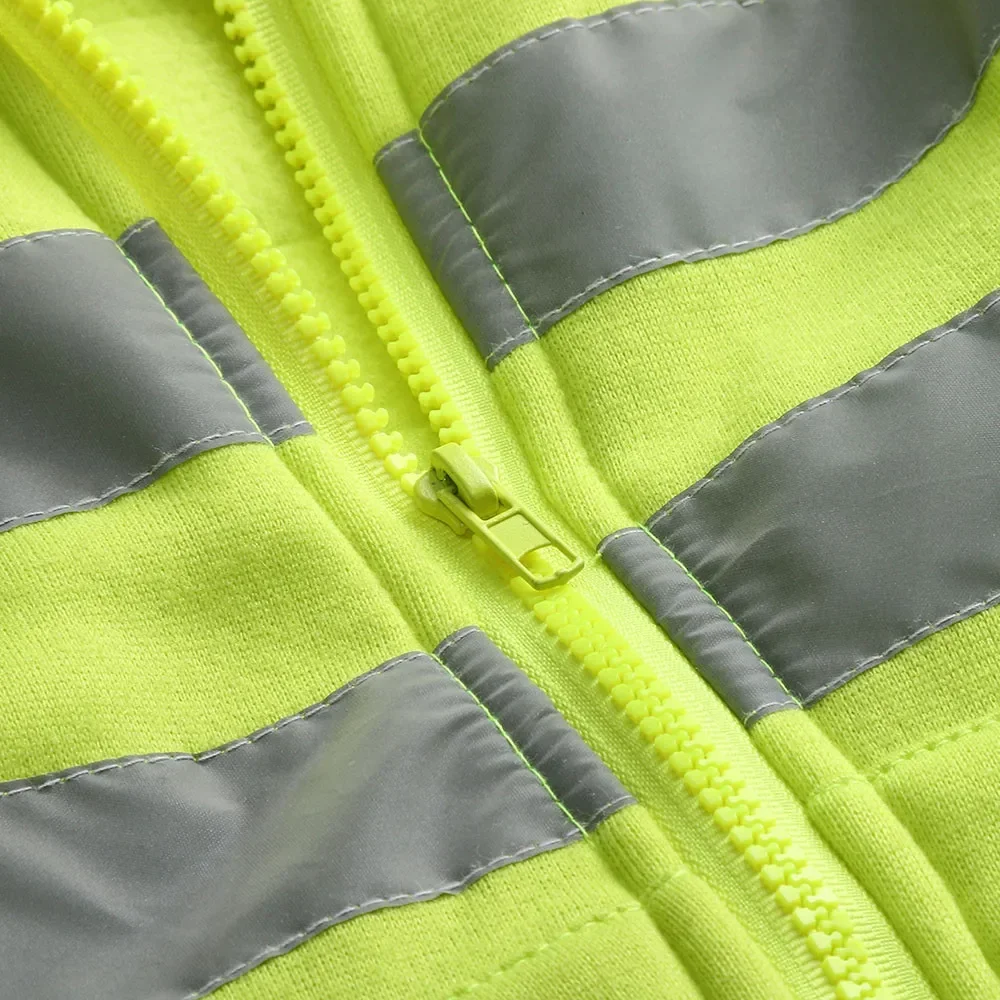 Men Reflective Strip Hoodies Casual Fit Work Safety Jackets Autumn Thin Fleece Hooded Zipper Sweatshirt Coats Workwear For Men