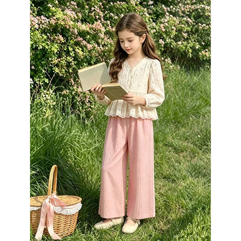 Girls 8-12 Fashion Outfit, Lace Trim Floral Blouse & High Waist Elastic Pants, Elegant and Versatile for Daily Outings