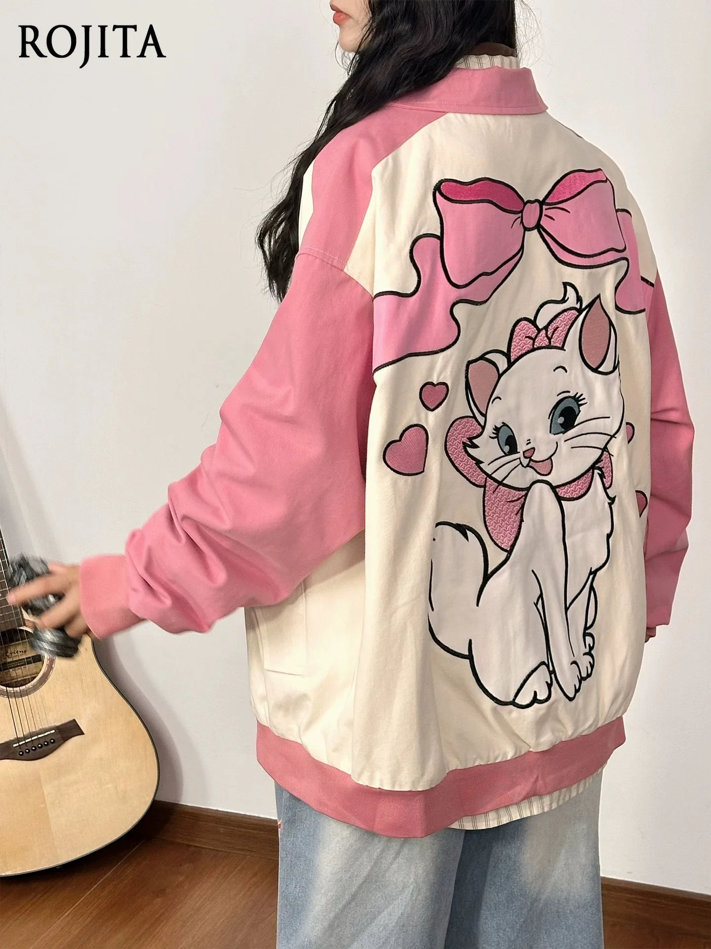 

American Retro Color Block Cartoon Embroidery Lapel Jacket for Women 2025 Autumn Winter College Style Coat Collar Jacket