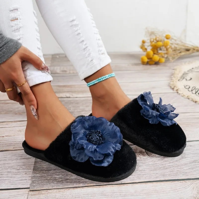 Zapatillas Baotou a la moda para mujer, zapatos planos antideslizantes y resistentes al desgaste con flores de ante y cabeza redonda para invierno