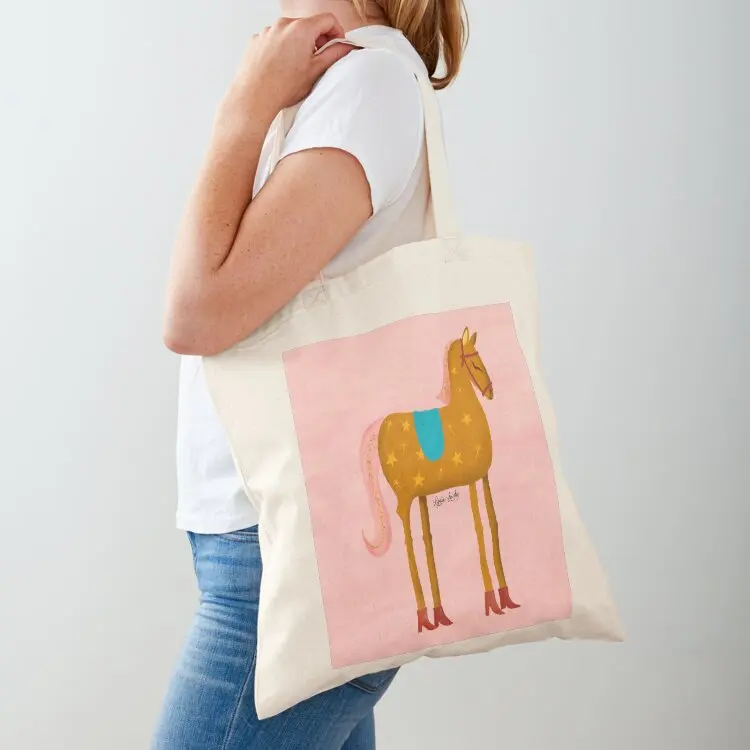 

Funny horse brown- pink background- with stars and red boots Tote Bag canvas bags tote bag men