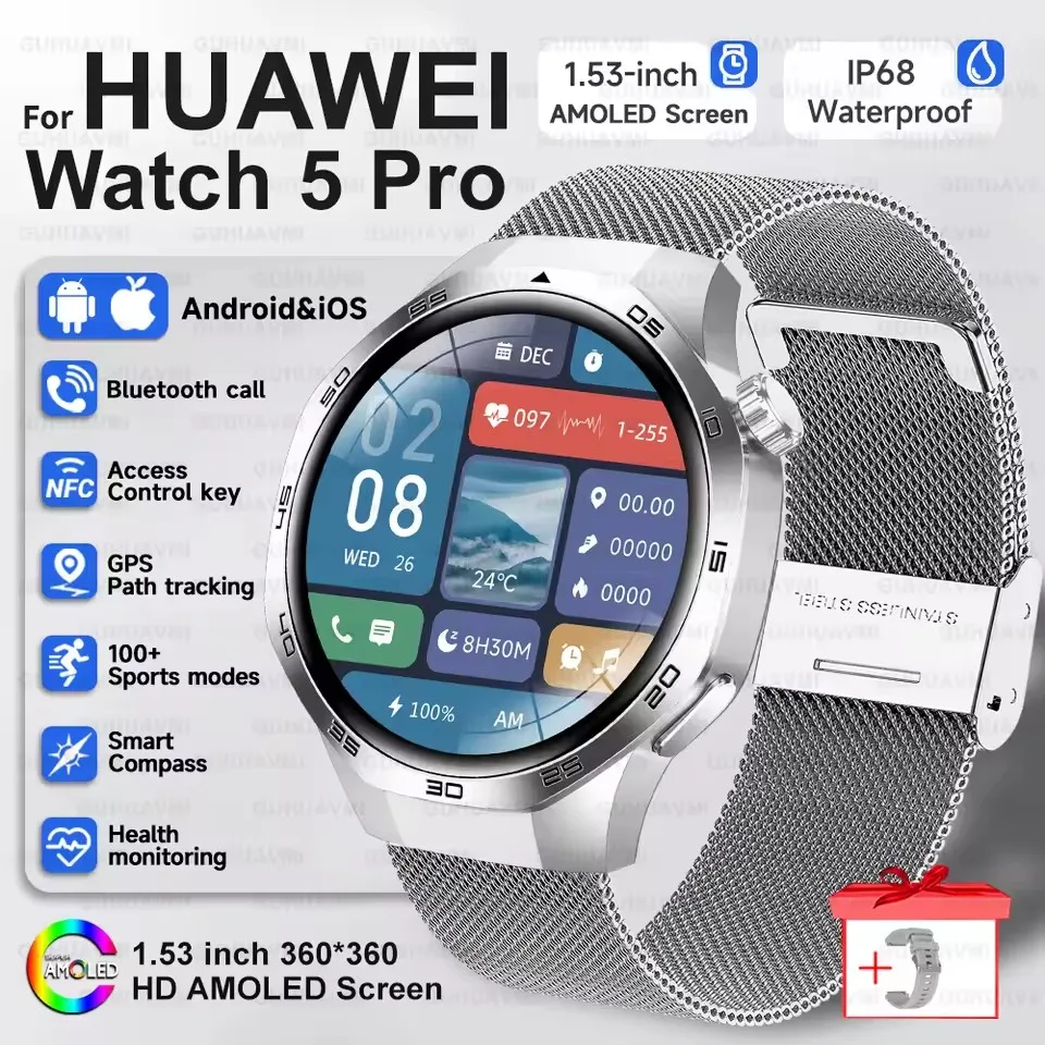 2025 Guhuavm Watch GT5Pro Smart Watch Men HD AMOLED Screen GPS Tracker Bluetooth Call Health Waterproof Smartwatches Heart Rate