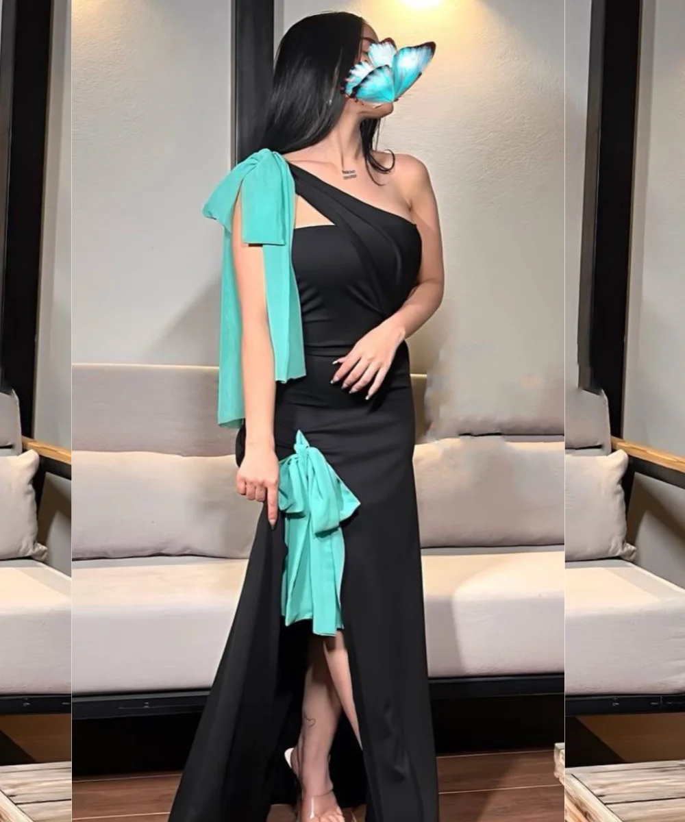 Customized Fashion Jersey Bow Pleat A-line One-shoulder Long Dresses Celebrity Dresses Retro Elegant Exquisite High Quality Intr