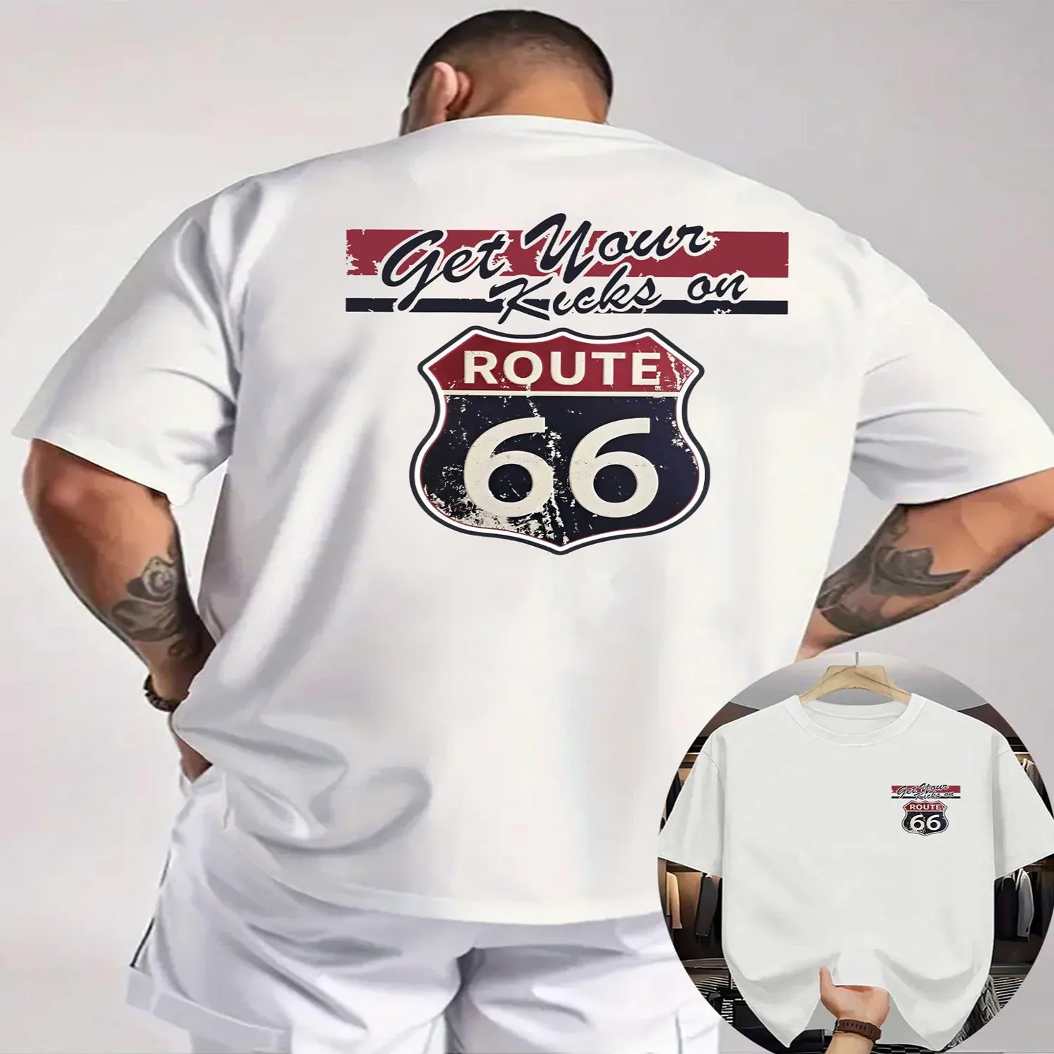 Men'S Vintage Route 66 Graphic T-Shirt - Black Retro Road Trip Tee, Breathable Knit Fabric for Summer Travel Casual Outfits - Classic Americana Back Print Shirt, Vintage T Shirts, Outdoor Activi Everyday Wear Shirt, Art Print Tshirt
